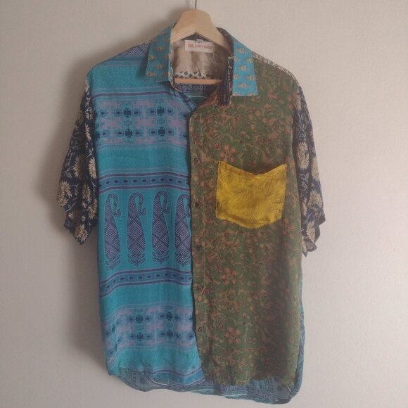 The Wavy Bunch Mens Patchwork Shirt L Festival Slim Fit Silky Upcycled Shirt - Picture 9 of 9